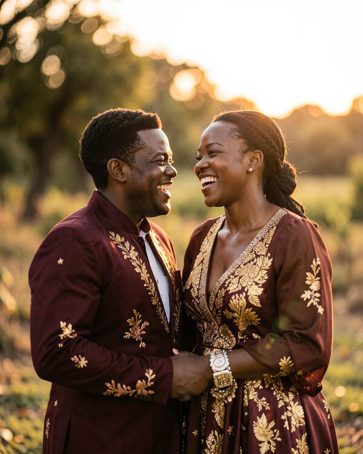 Kojo and Boatema laughing at golden hour
